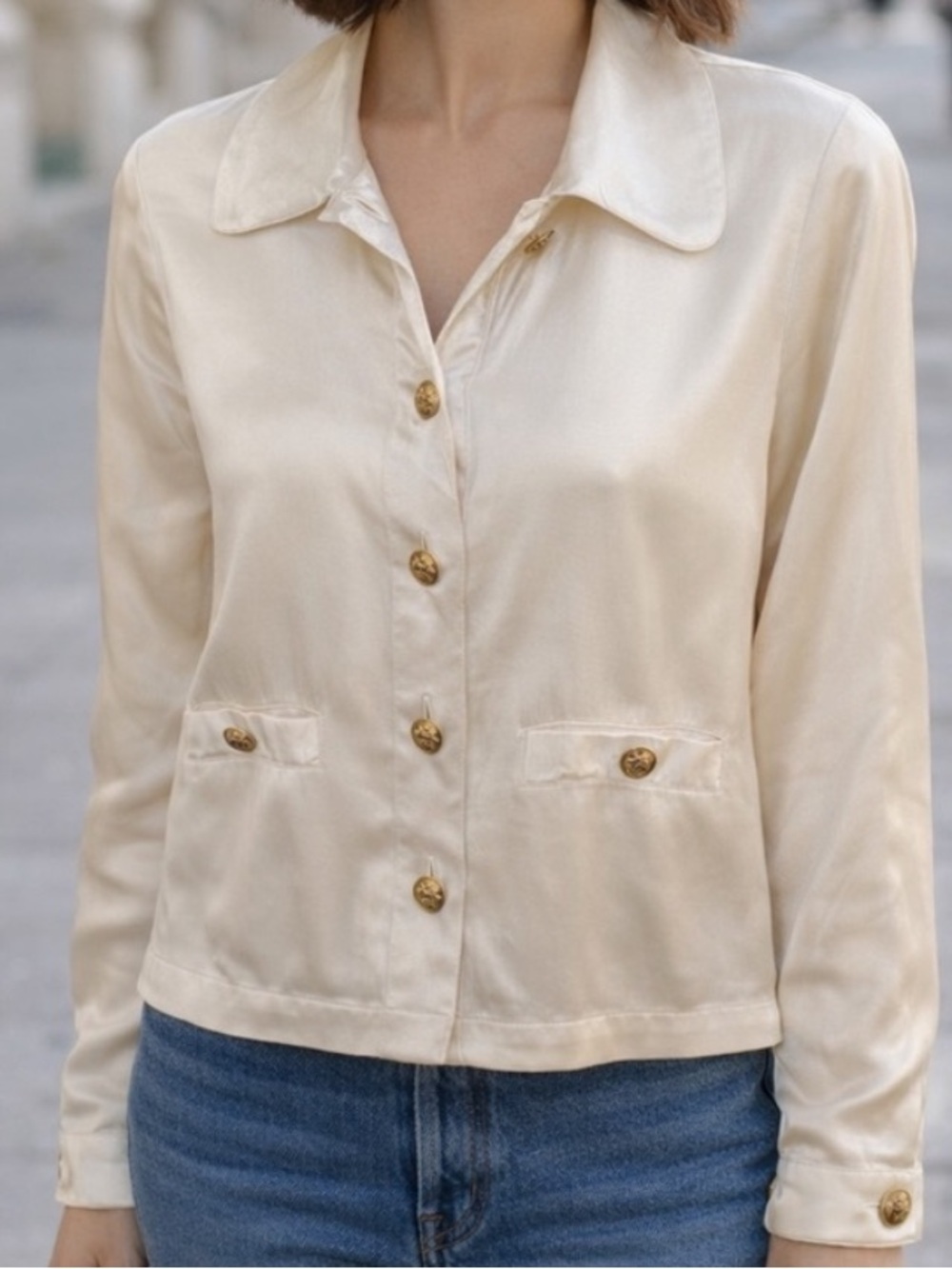 J. Crew Ivory Satin Gold Button Lady Shirt Jacket 2 Pockets Size XL NWOT